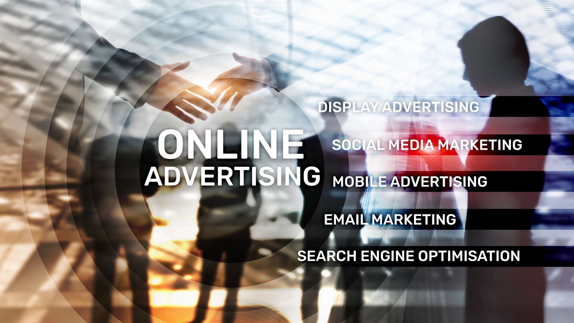 Online advertising, Digital marketing. Business and finance concept on virtual screen